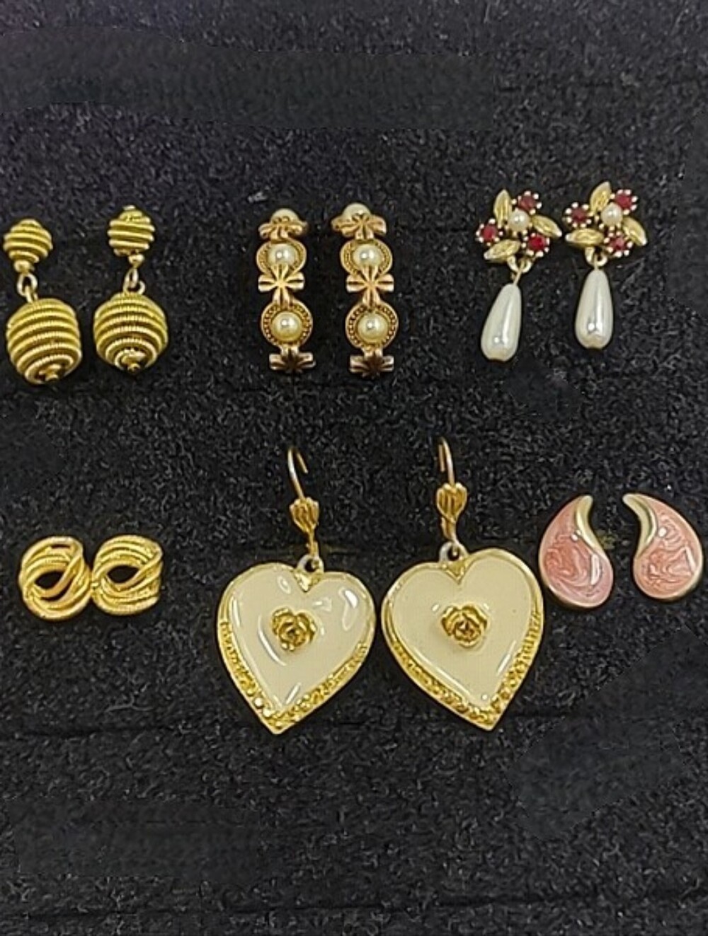 Vintage Gold Tone Earrings Lot Faux Pearl Enamel Floral Heart 6 Pair
